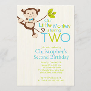 Cute Modern Monkey 2nd Birthday Party Invitations