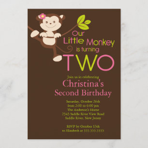 Cute Modern Monkey 2nd Birthday Party Invitations