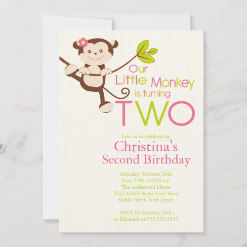 Cute Modern Monkey 2nd Birthday Party Invitations