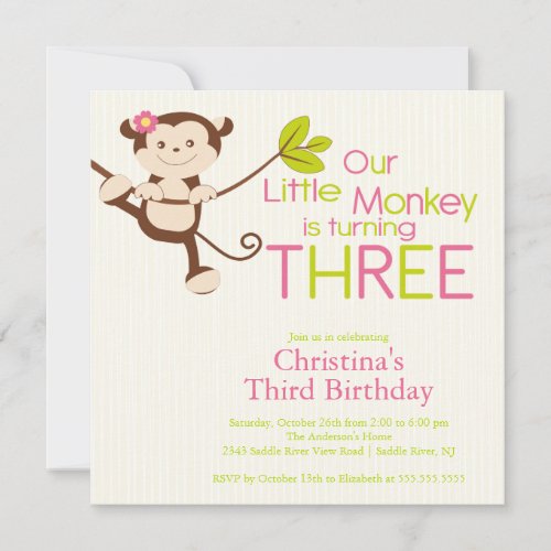 Cute Modern Monkey 3rd Birthday Party Invitations
