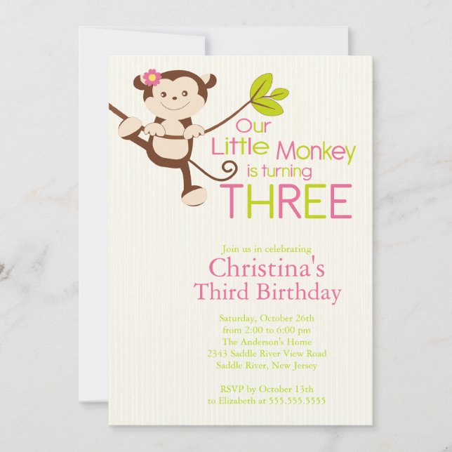Cute Modern Monkey 3rd Birthday Party Invitations (Front)