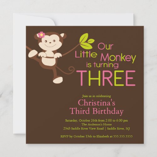 Cute Modern Monkey 3rd Birthday Party Invitations