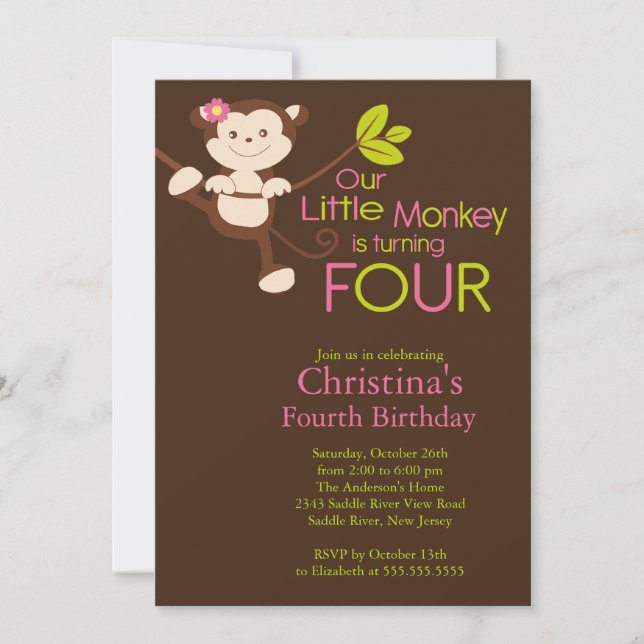 Cute Modern Monkey 4th Birthday Party Invitations (Front)