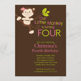 Cute Modern Monkey 4th Birthday Party Invitations