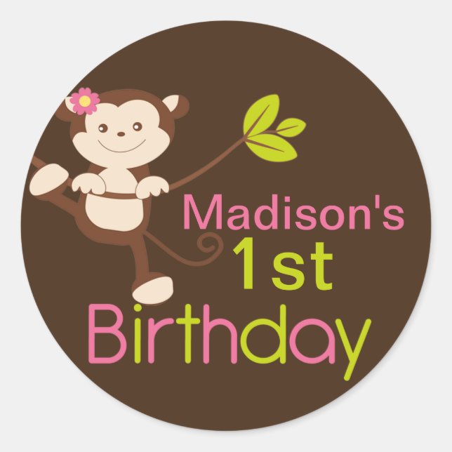 Cute Modern Monkey Birthday Party Stickers (Front)