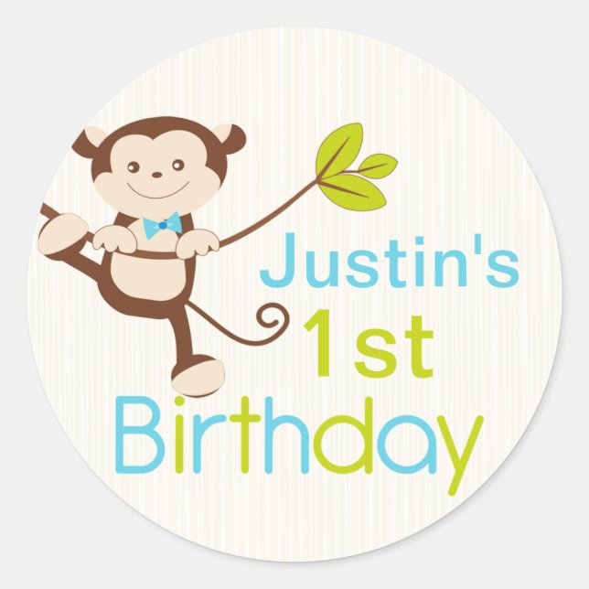 Cute Modern Monkey Birthday Party Stickers (Front)
