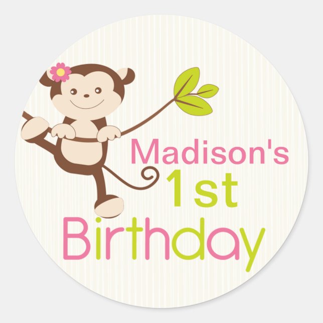 Cute Modern Monkey Birthday Party Stickers (Front)