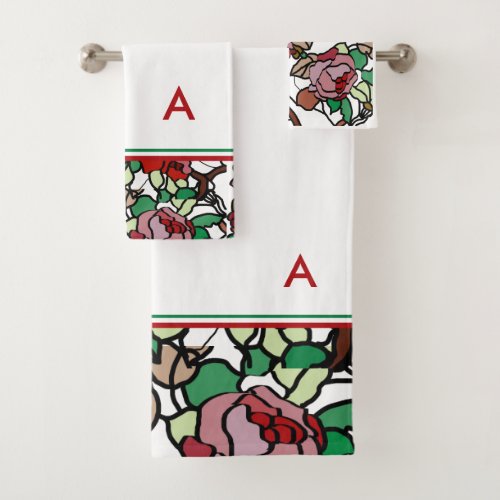 Cute Modern Monogram and Bright Red Flowers  Bath Towel Set