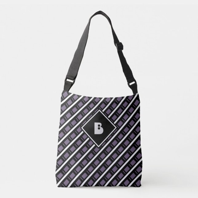 Cute Modern Monogram Initial Pattern Black Purple Crossbody Bag (Front)