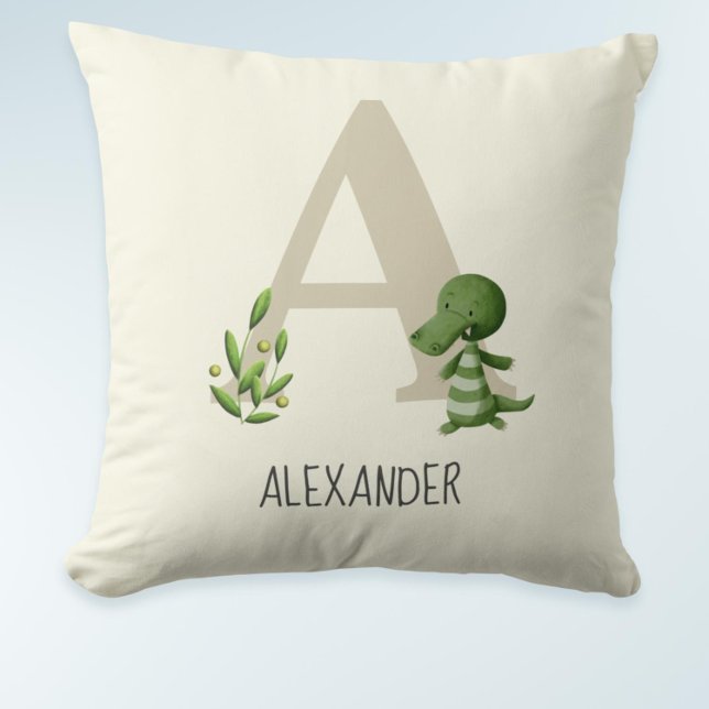 Cute Modern Monogram Letter A Alligator Nursery Throw Pillow (Cute monogrammed letter A baby pillow with an alligator)