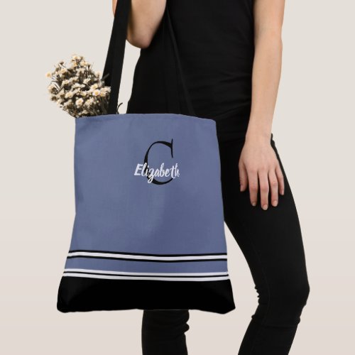 Cute Modern Monogram Name Inital Black Blue Tote Bag