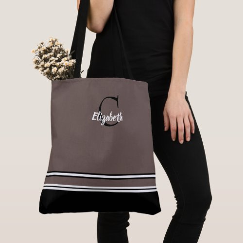 Cute Modern Monogram Name Inital Black Brown Tote Bag