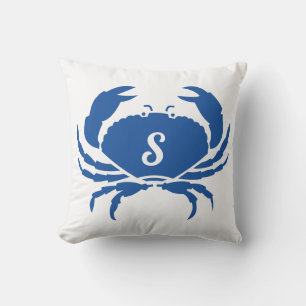 Cute Modern Nautical  Blue Crab Monogrammed Outdoor Pillow