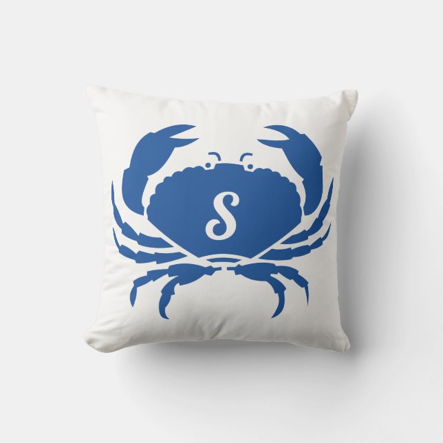 Cute Modern Nautical  Blue Crab Monogrammed Outdoor Pillow (Front)