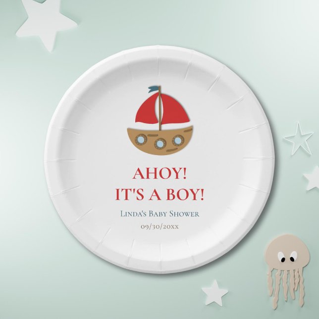 Cute Modern Nautical Boy Baby Shower Paper Plates (Creator Uploaded)