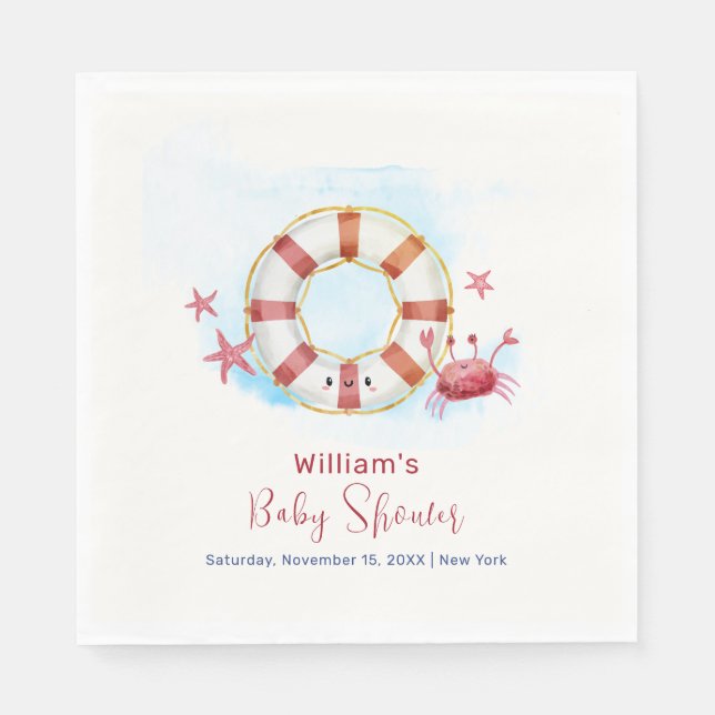 Cute Modern Nautical Crab Starfish Baby Shower  Napkins (Front)