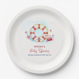 Cute Modern Nautical Crab Starfish Baby Shower Paper Plates