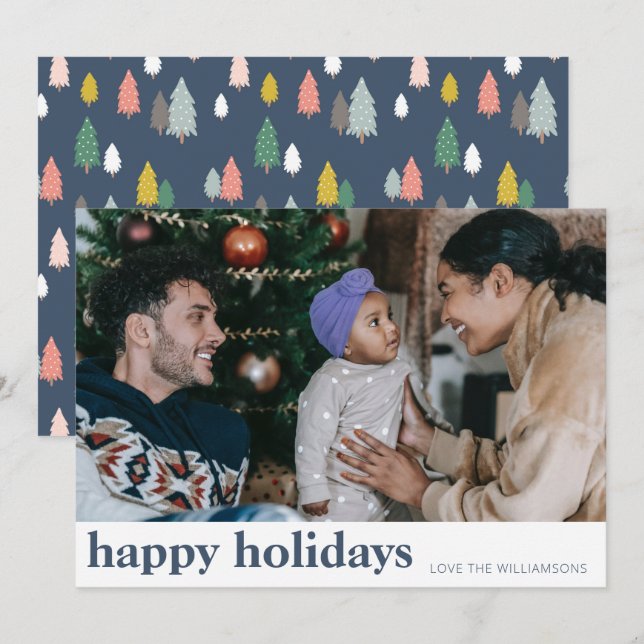 Cute Modern Navy Blue Christmas Trees Wide Photo Holiday Card (Front/Back)