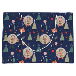 Cute Modern Navy blue Funny Christmas Photo Large Gift Bag