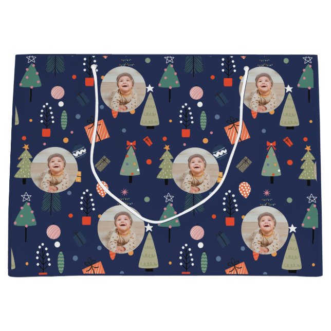 Cute Modern Navy blue Funny Christmas Photo Large Gift Bag (Front)
