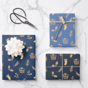 Cute Modern Navy Blue Gold Christmas Holiday Wrapping Paper Sheets