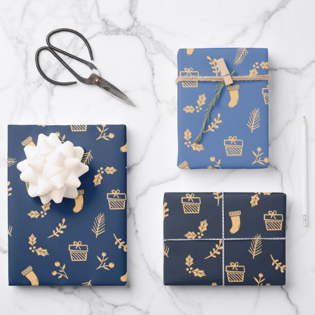 Cute Modern Navy Blue Gold Christmas Holiday Wrapping Paper Sheets (Front)