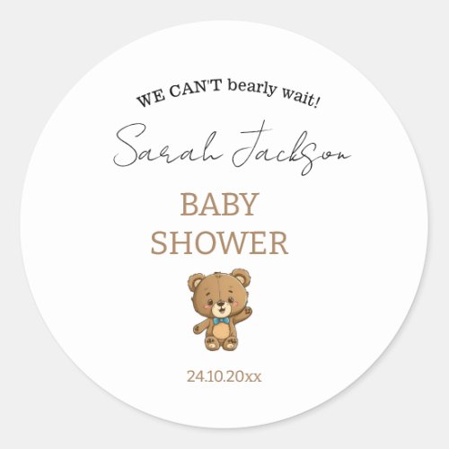 Cute Modern Neutral White Teddy Bear Baby Shower Classic Round Sticker