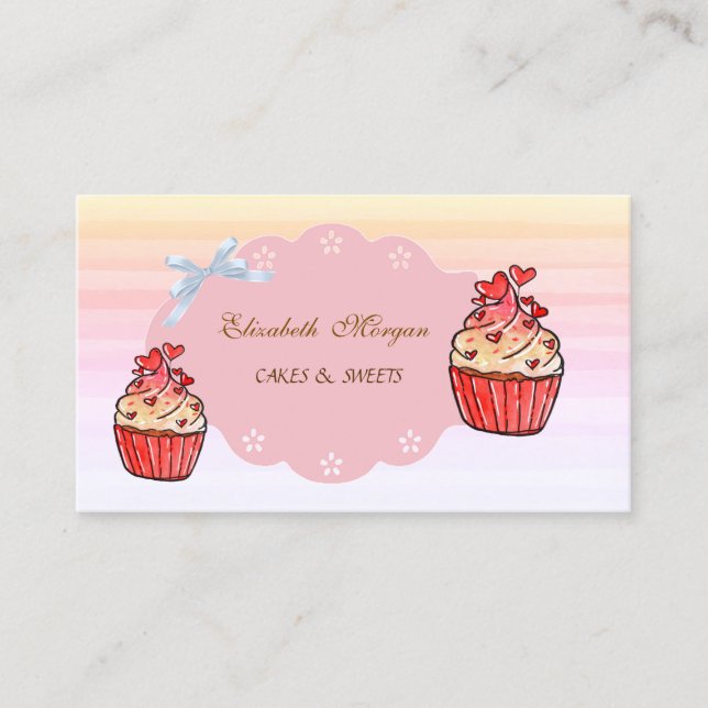 Cute Modern,Ombre, Cupcake Hearts Bakery Business Card (Front)
