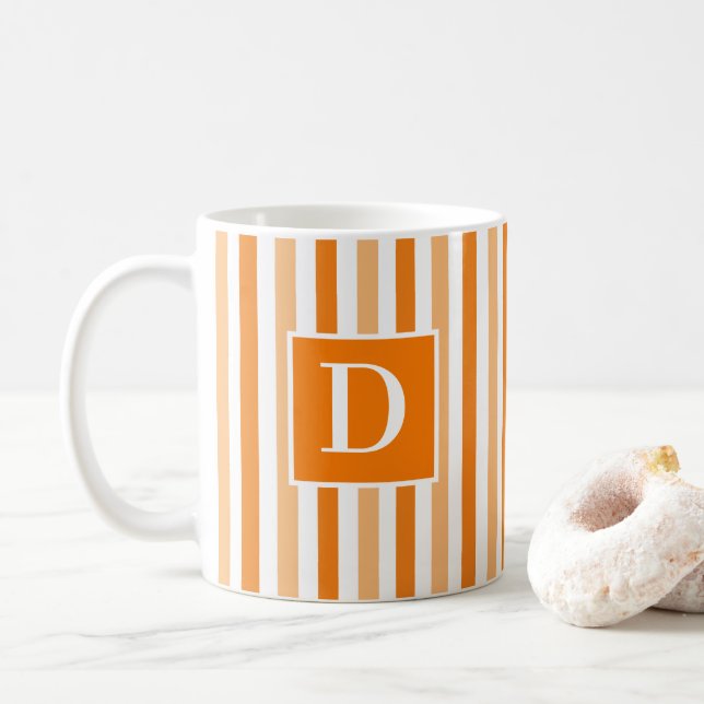Cute Modern Orange and White Striped Initial Coffee Mug (With Donut)