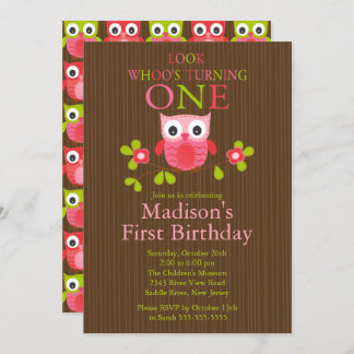 Cute Modern Owl 1st Birthday Party Invitations
