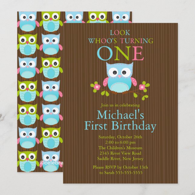 Cute Modern Owl 1st Birthday Party Invitations (Front/Back)