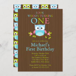 Cute Modern Owl 1st Birthday Party Invitations