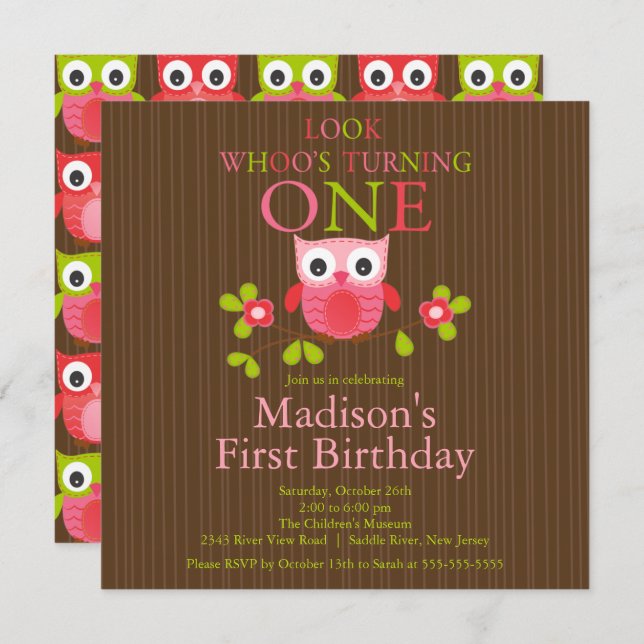 Cute Modern Owl 1st Birthday Party Invitations (Front/Back)