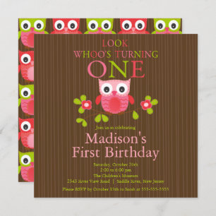 Cute Modern Owl 1st Birthday Party Invitations