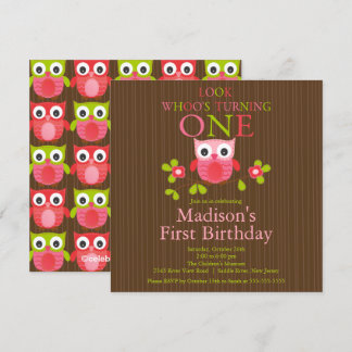 Cute Modern Owl 1st Birthday Party Invitations
