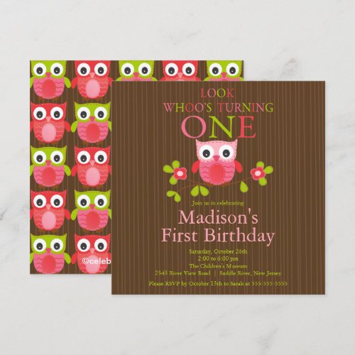 Cute Modern Owl 1st Birthday Party Invitations