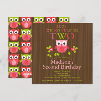 Cute Modern Owl 2nd Birthday Party Invitations