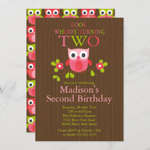 Cute Modern Owl 2nd Birthday Party Invitations