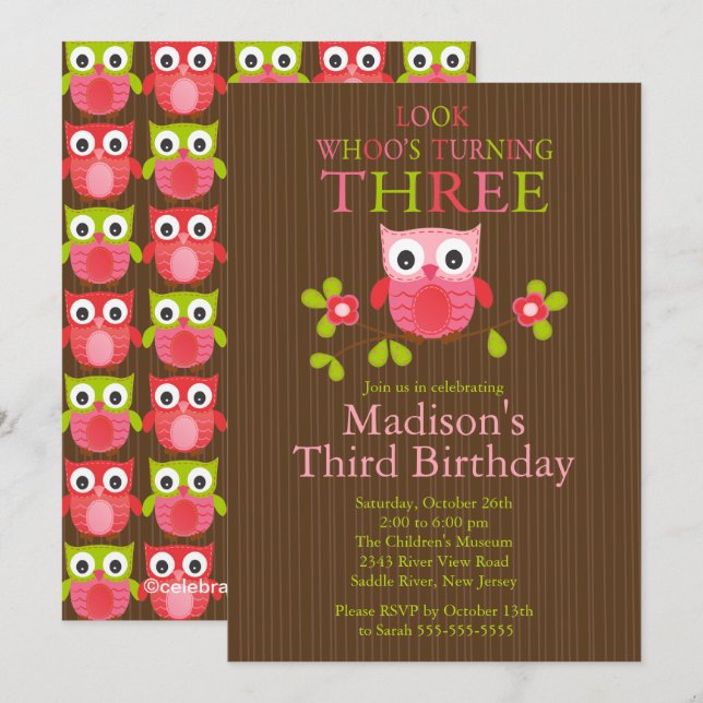 Cute Modern Owl 3rd Birthday Party Invitations (Front/Back)