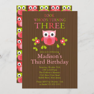 Cute Modern Owl 3rd Birthday Party Invitations