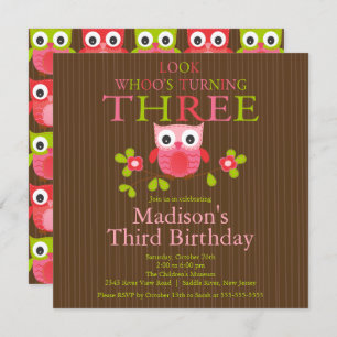 Cute Modern Owl 3rd Birthday Party Invitations