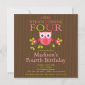 Cute Modern Owl 4th Birthday Party Invitations (Front)