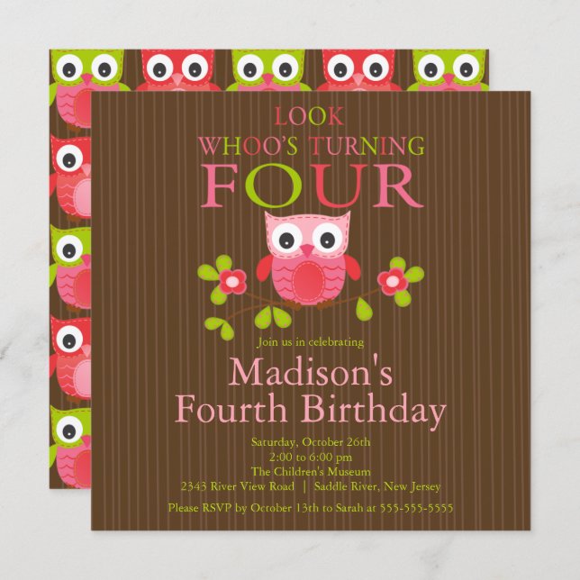 Cute Modern Owl 4th Birthday Party Invitations (Front/Back)