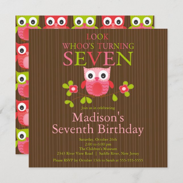 Cute Modern Owl 7th Birthday Party Invitations (Front/Back)
