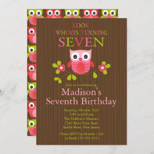 Cute Modern Owl 7th Birthday Party Invitations