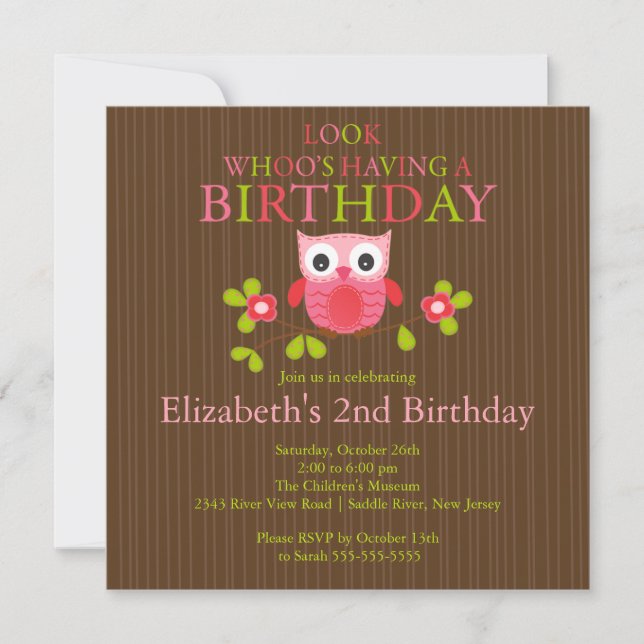 Cute Modern Owl Birthday Party Invitations (Front)