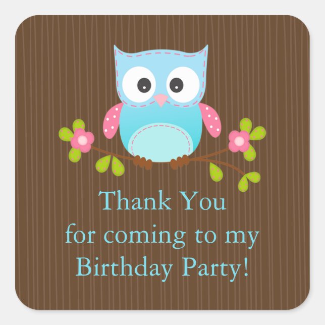 Cute Modern Owl Birthday Party Square Sticker (Front)