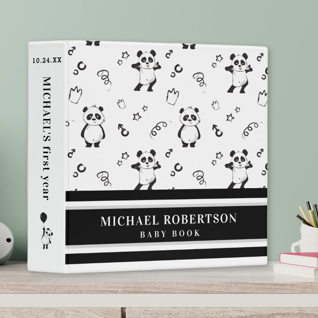 Cute Modern Panda Baby Black White Monochrome 3 Ring Binder (Creator Uploaded)