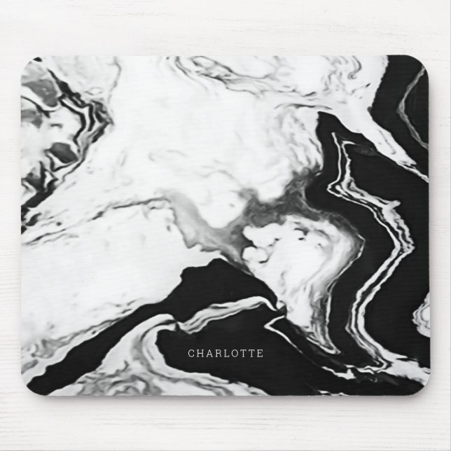 Cute Modern Panda White Black Marble Custom Name Mouse Pad (Front)