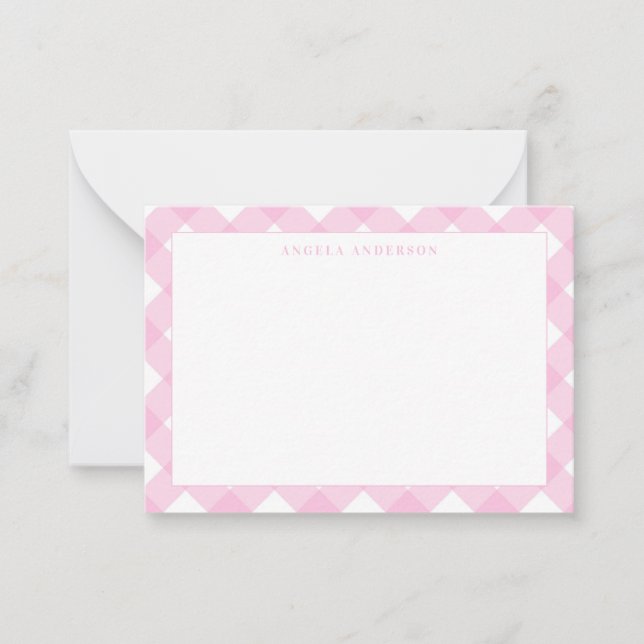 Cute Modern Pastel Blush Pink Gingham Plaid Check Note Card (Front)